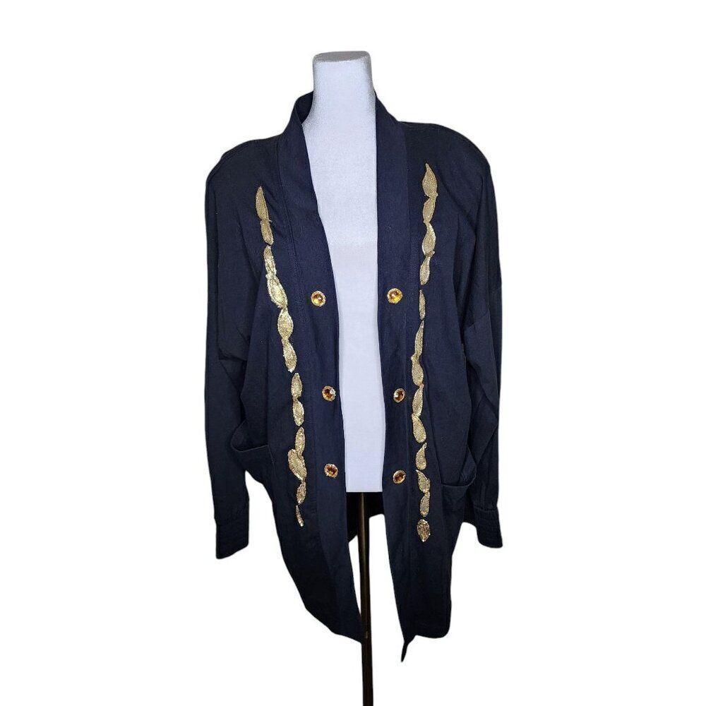 Vintage 80s Long Sleeve Cardigan Sweatshirt Gold Trim Womens Size 2XL Black Dead